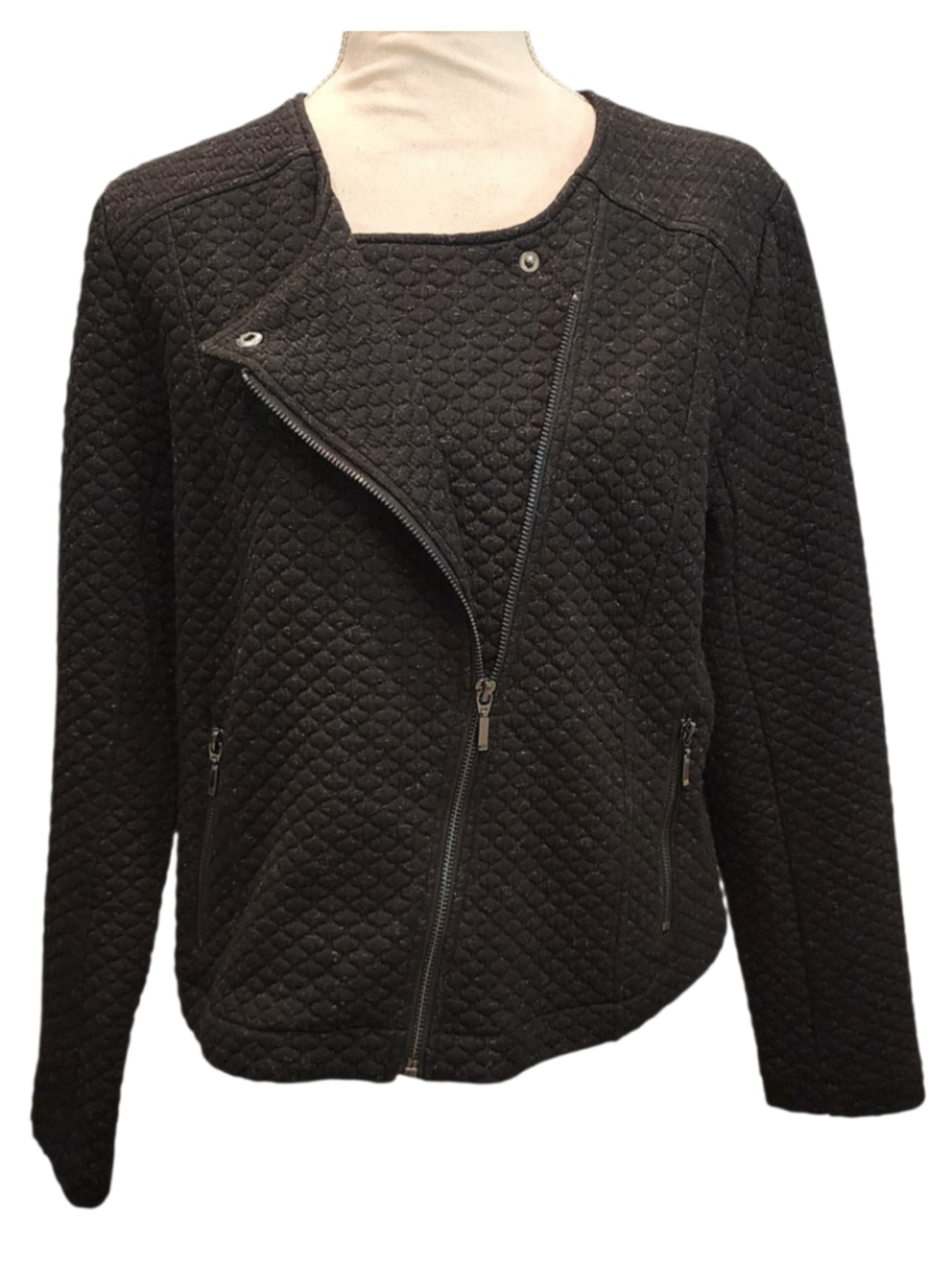 Lysse Quilted Moto Jacket Womens M Black Asymmetric Zip Textured Blazer Knit